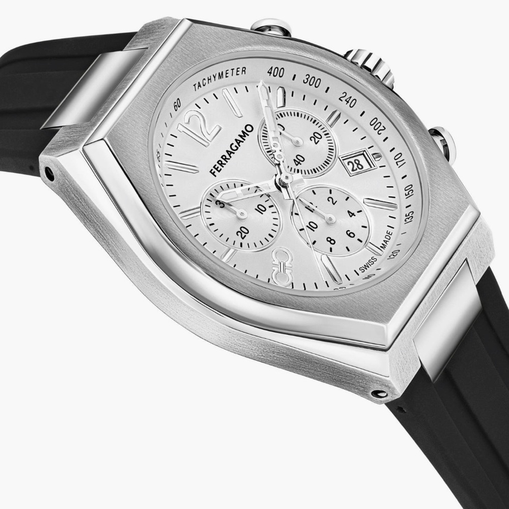 Ferragamo Watch Chronograph Silver with Black Silicone Strap